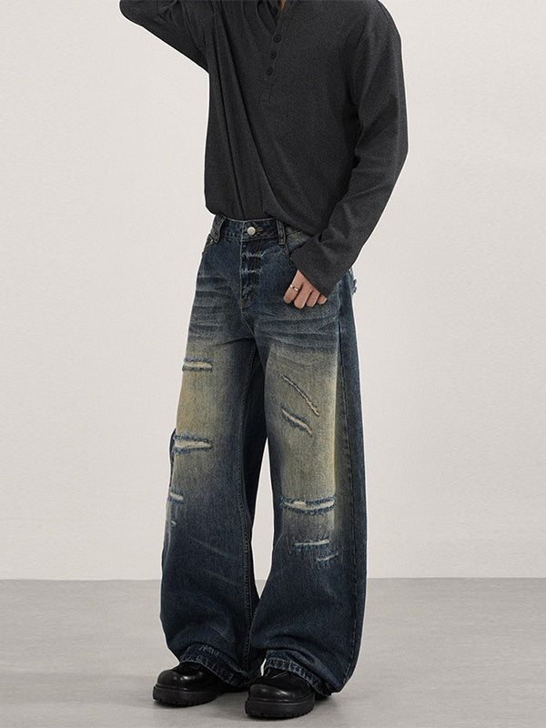 Washing Old Hole Patch Machete Vintage Wide-leg Jeans