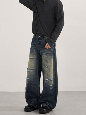 Washing Old Hole Patch Machete Vintage Wide-leg Jeans