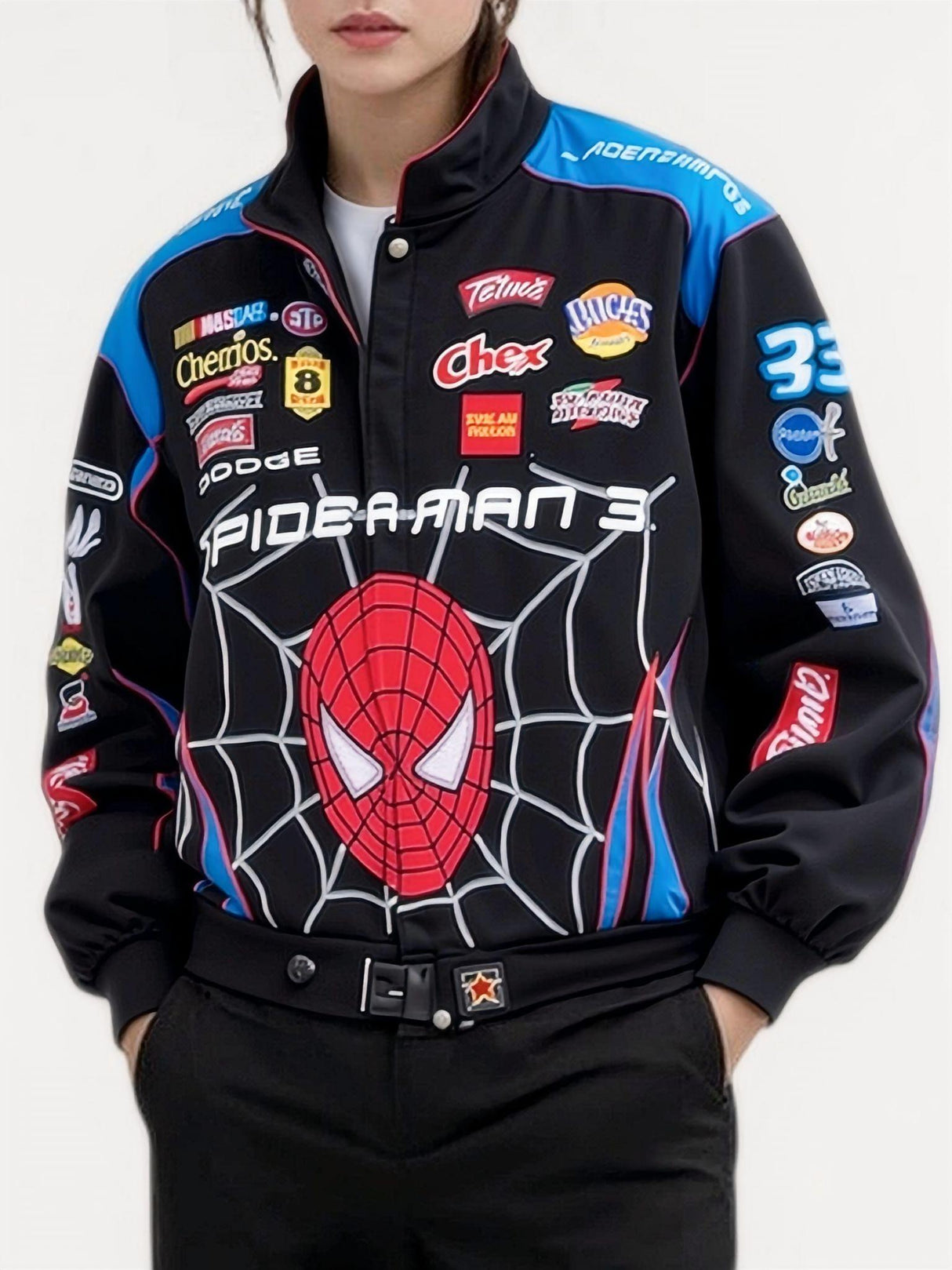 Black Sporty Spider Print Casual Long-Sleeve Motorcycle Style Jackets