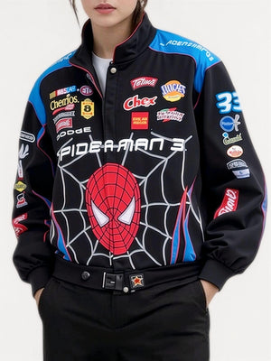 Black Sporty Spider Print Casual Long-Sleeve Motorcycle Style Jackets