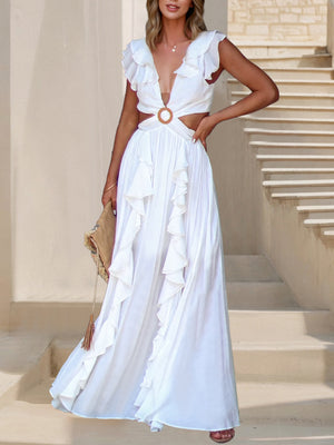 V-neck With Ruffles Backless And Waistless Hollowed-out Slit Back Strap Maxi Dresses