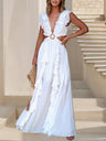 V-neck With Ruffles Backless And Waistless Hollowed-out Slit Back Strap Maxi Dresses
