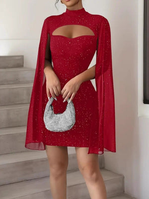 Crew Neck Sequins Chiffon Cape Balloon Sleeve Piping Hip Wrap Mini&Short Dresses