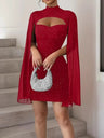Crew Neck Sequins Chiffon Cape Balloon Sleeve Piping Hip Wrap Mini&Short Dresses