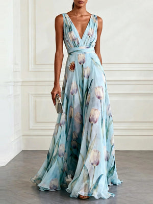 Floral Printed Parties V-neck Sleeveless Maxi Dresses