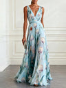 Floral Printed Parties V-neck Sleeveless Maxi Dresses