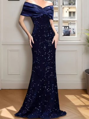 Off Shoulder Wrap hip Sequins Maxi Dresses