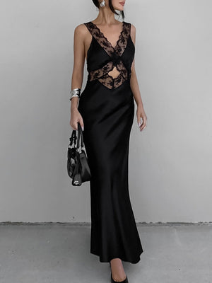 Black Sexy Hollowed-out V-neck Lace Trim Fishtail Long Dress