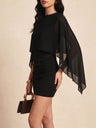 Cape-style Slim-fitting Ruched Bodycon Mini Solid Color Short Dress