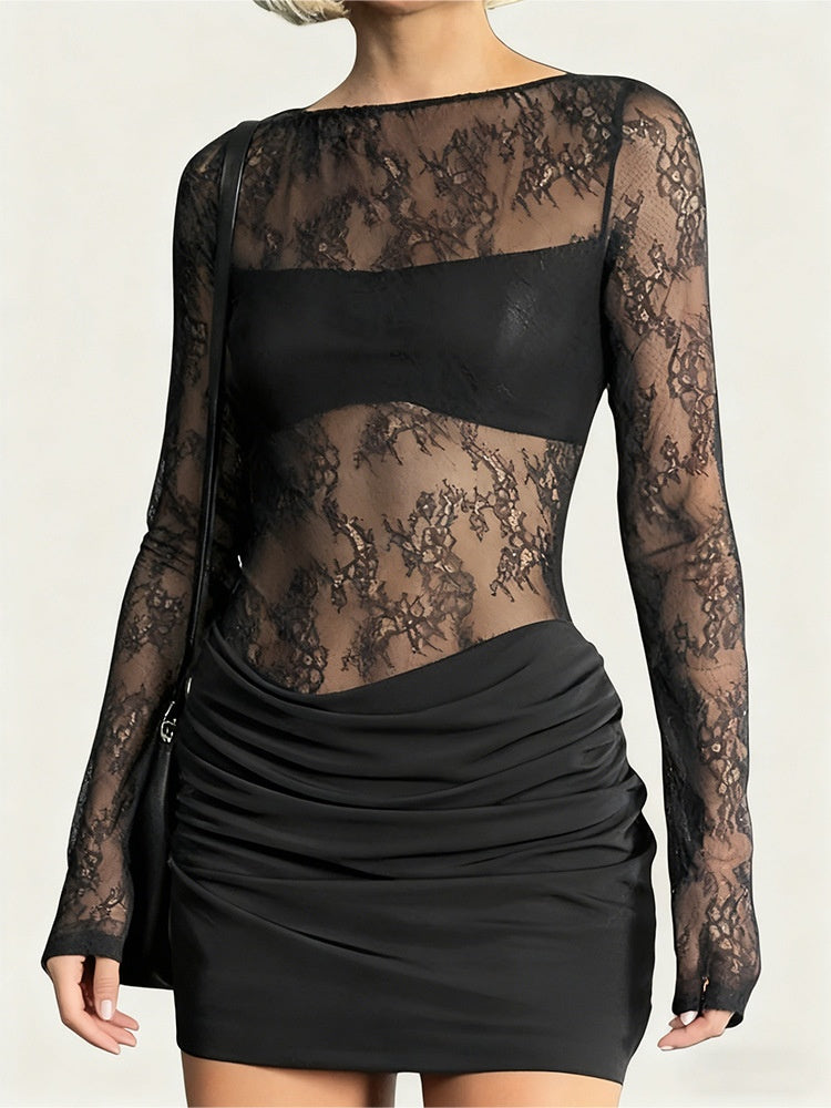 Mesh And Lace Patchwork Jacquard Bodycon Mini Dress