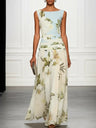 V-neck Retro Floral Print Sleeveless Backless Fitted Waist Long Dress