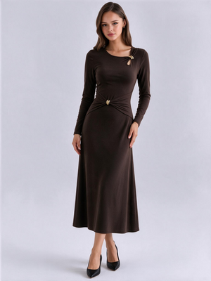 Hollow-out Design With Metallic Embellishments, Long-sleeved, Round-neck Maxi Dress