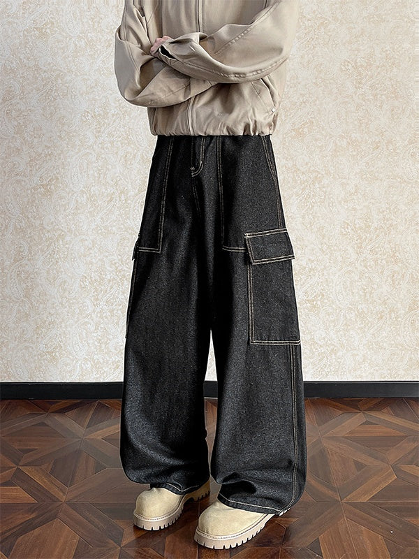 Black Multiple Pockets Straight Jeans