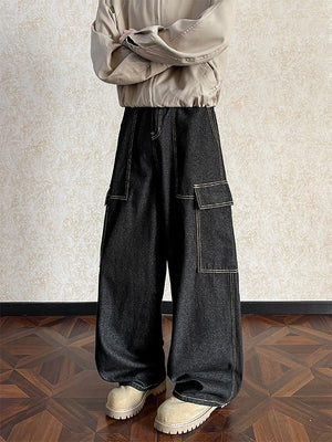 Black Multiple Pockets Straight Jeans