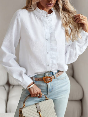 Stripes Ruffle Puff Sleeve Commuting Shirts