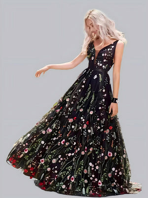 Black Deep V Sleeveless Embroidered Slim Fit Backless Large Skirt Maxi Dresses