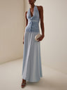 Halter Slit Deep V Big Backless 3D Flowers Blue Maxi Dresses