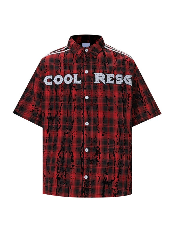 Splashed Ink Plaid Studs Letter Shirts