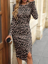 Leopard Long Sleeve Side Fork Midi Dresses