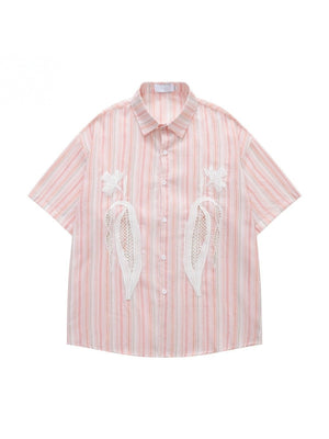 Pink Stripes Vibe Embroidery Hollow Out Shirts