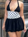 Polka Dots Pleated Waist Halter-neck Sleeveless Mini&Short Dresses