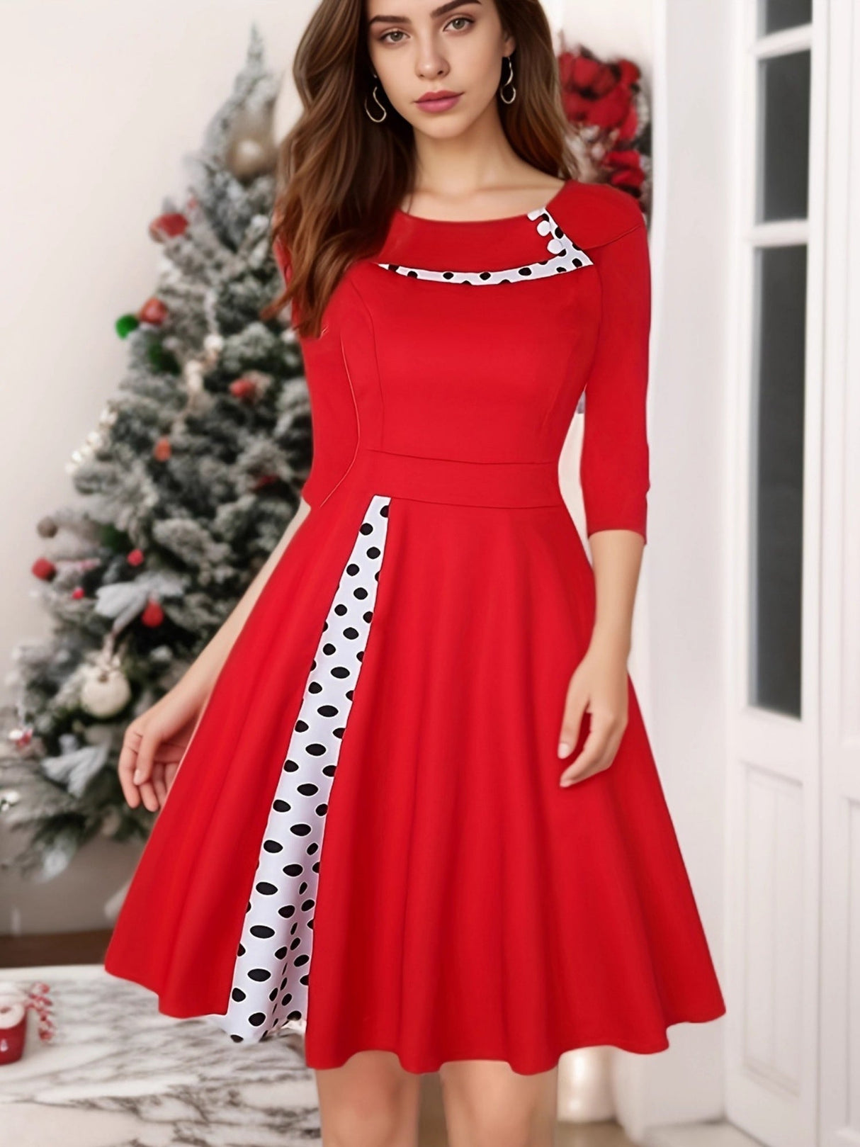 Christmas Polka Dots Splicing Retro Lapel Three-quarter Sleeves Midi Dresses