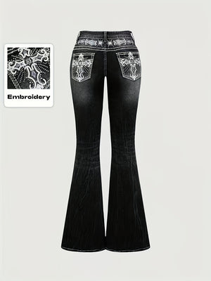 Women's Autumn/Winter Dark Washed Embroidered Rhinestone Flare Jeans