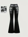 Women's Autumn/Winter Dark Washed Embroidered Rhinestone Flare Jeans