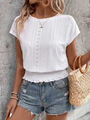 Round Neck Jacquard Hollowed-out Ruffled Short-sleeved T-shirt