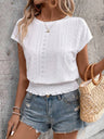 Round Neck Jacquard Hollowed-out Ruffled Short-sleeved T-shirt