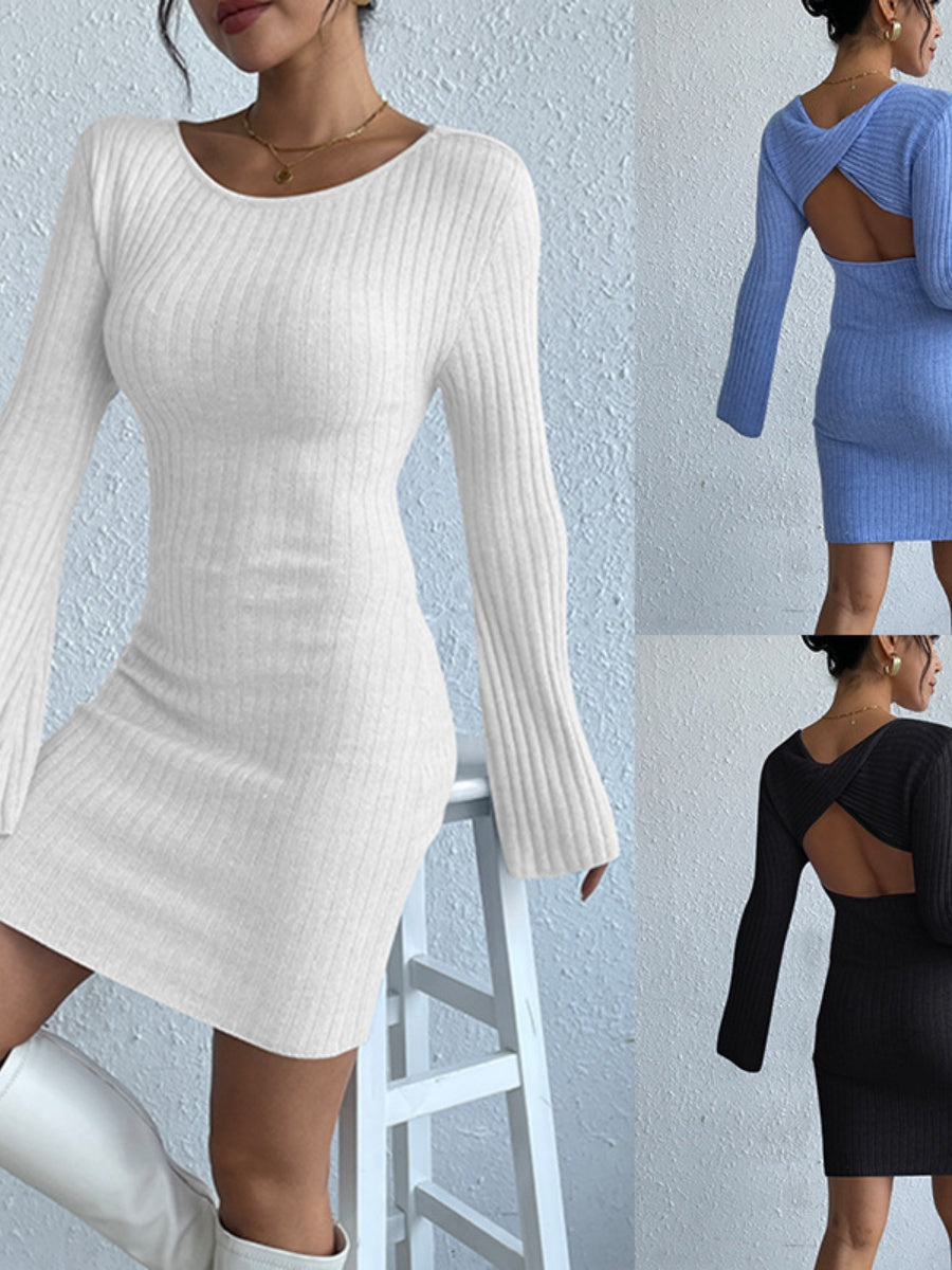 Liber Autumn women's backless knitted long-sleeved pullover short dress
