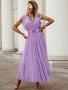 Lotus Leaf Sleeves Bow Chiffon Pleats Vacation Style Maxi Dresses