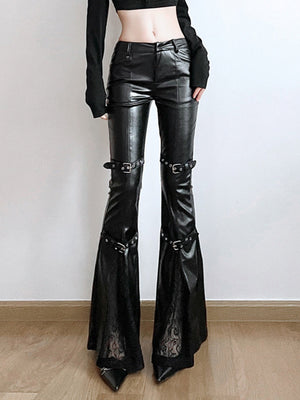 Leather Lace Patchwork Eyelet Buckle Low-rise Bell-bottoms Pants
