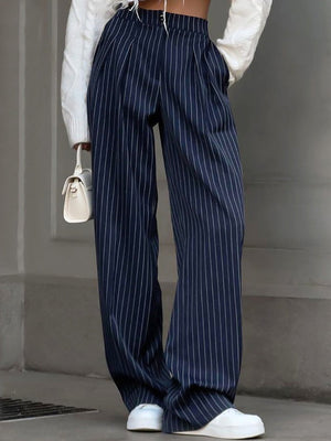 Navy Blue Retro-style Striped Casual Wide-leg Suit Trousers