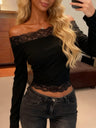 Off-the-shoulder Lace Trim Long Sleeve Black Daily Casual T-shirt