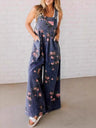 Denim Floral Print Pocket Sleeveless Suspenders Long Jumpsuit