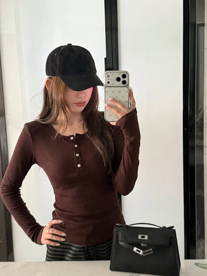 Korean Style Henley Collar Top With Straight Shoulders
