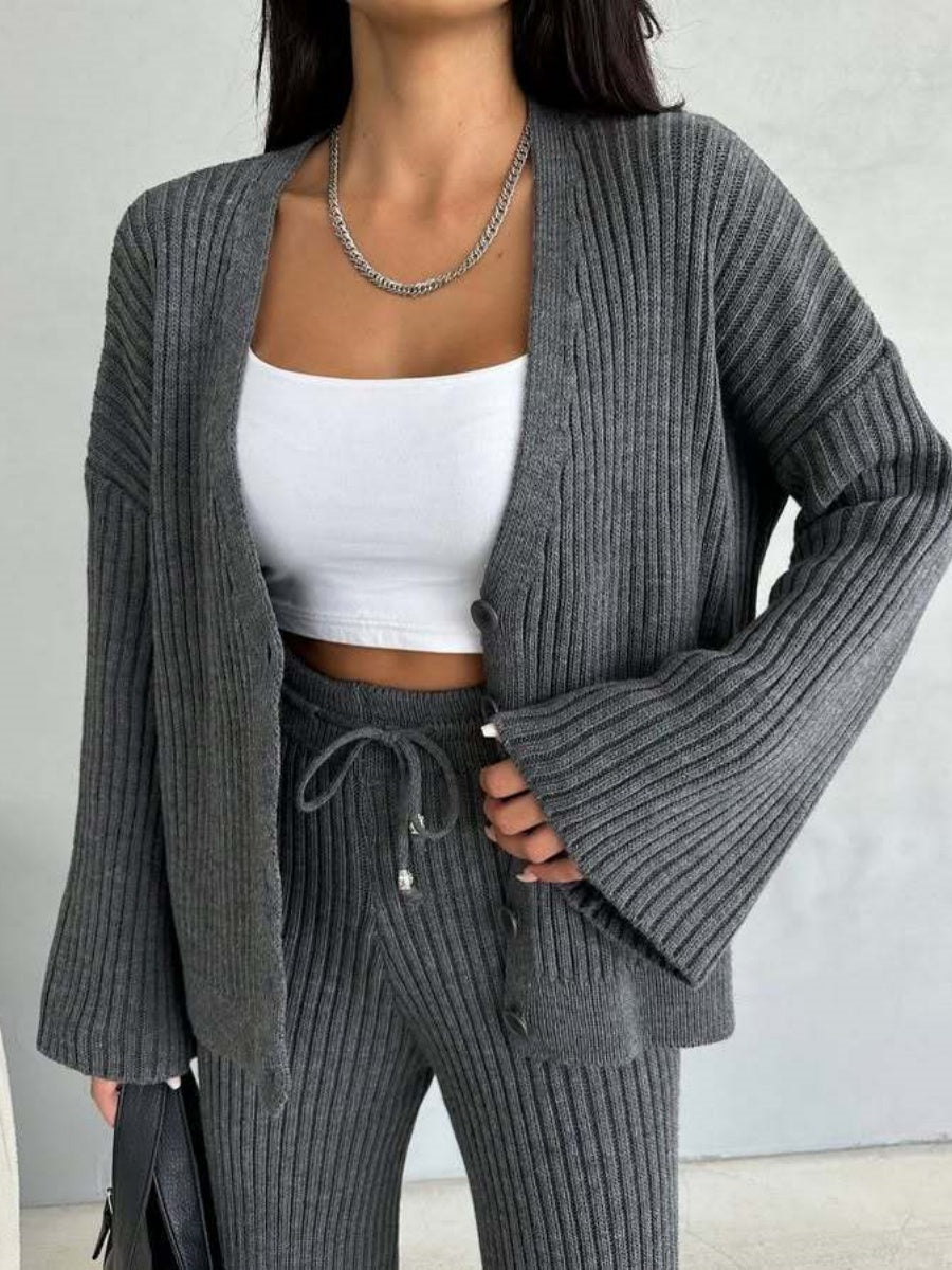 Leisure Solid Color Long Sleeve Buttons Sweaters Cardigans Pants Two-piece Suit