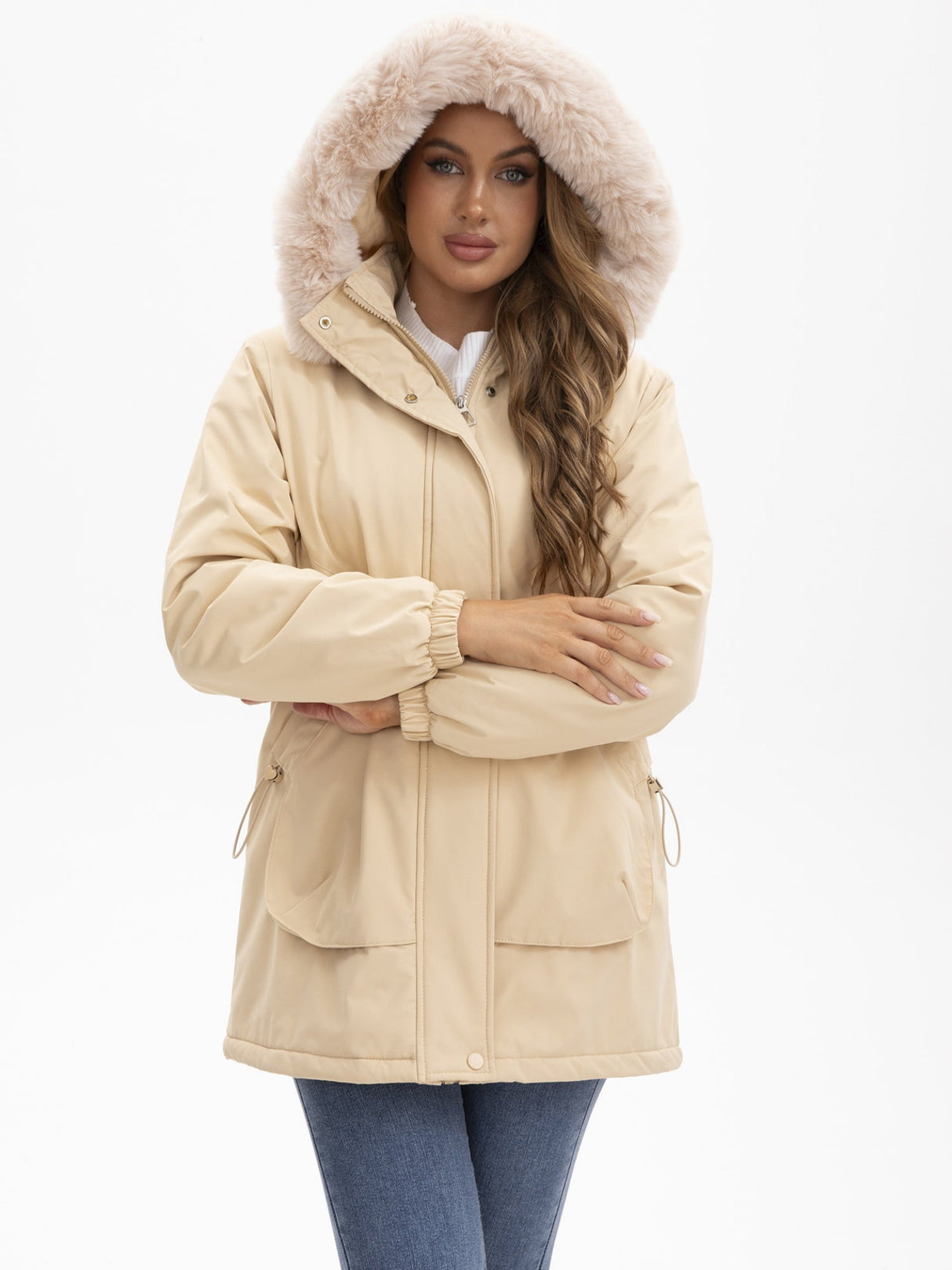 With Fur Collar Hooded For Warmth Drawstring Pocket Down Jacket