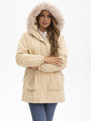 With Fur Collar Hooded For Warmth Drawstring Pocket Down Jacket