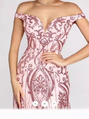 Pink Sequins Off-shoulder Slit Maxi Dresses