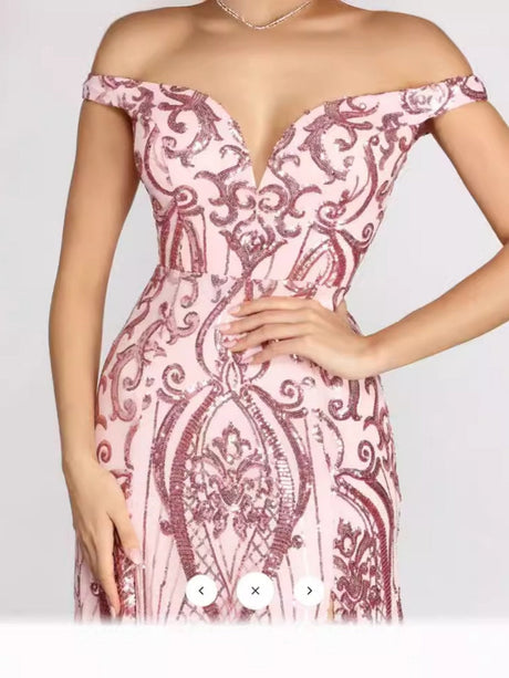 Pink Sequins Off-shoulder Slit Maxi Dresses