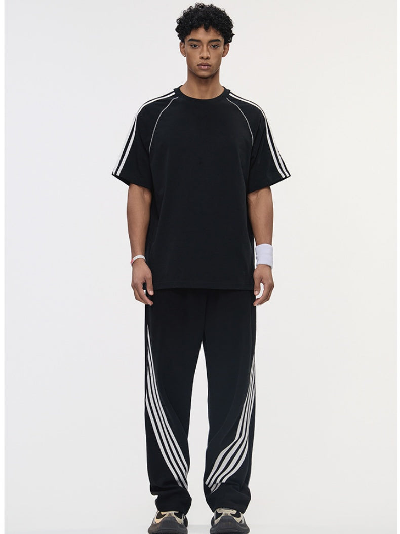 Hasselblad Stripes Short Sleeves Pants Color-blocked Set