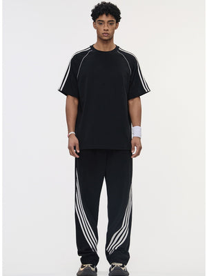 Hasselblad Stripes Short Sleeves Pants Color-blocked Set