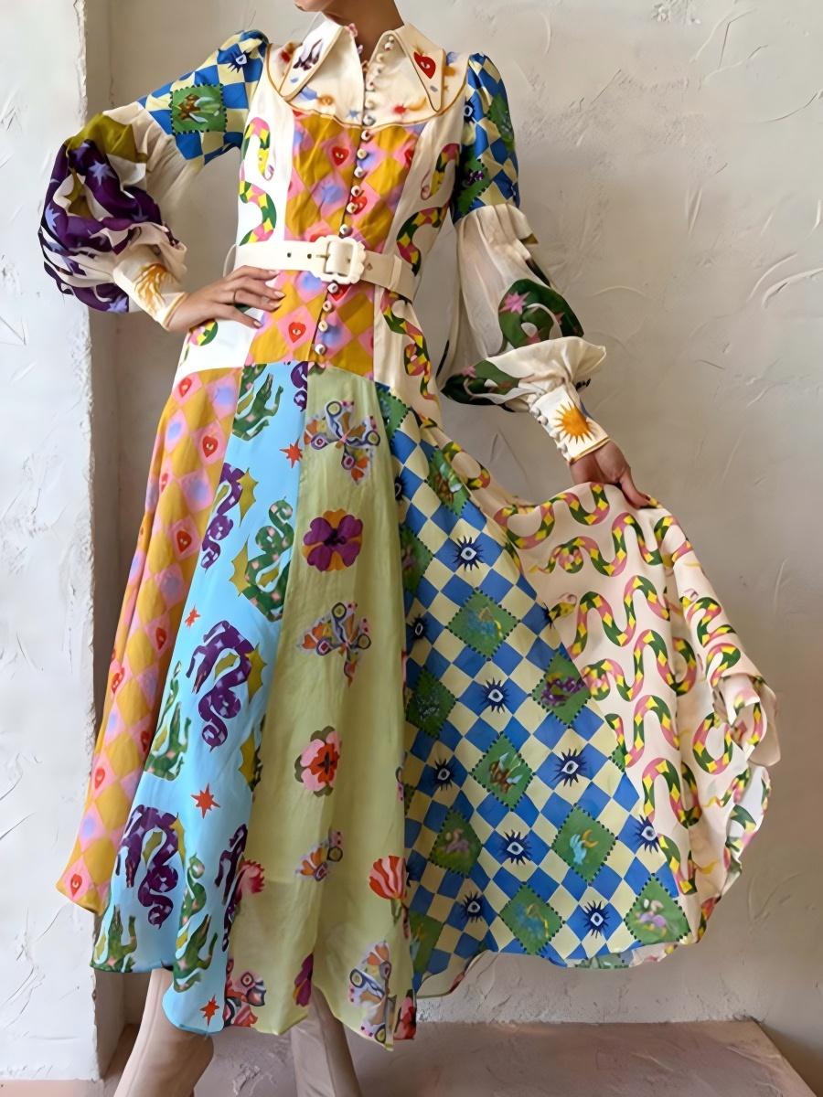 Botanical Floral Prints Balloon Sleeve Lapel Waist Long Sleeve Maxi Dresses