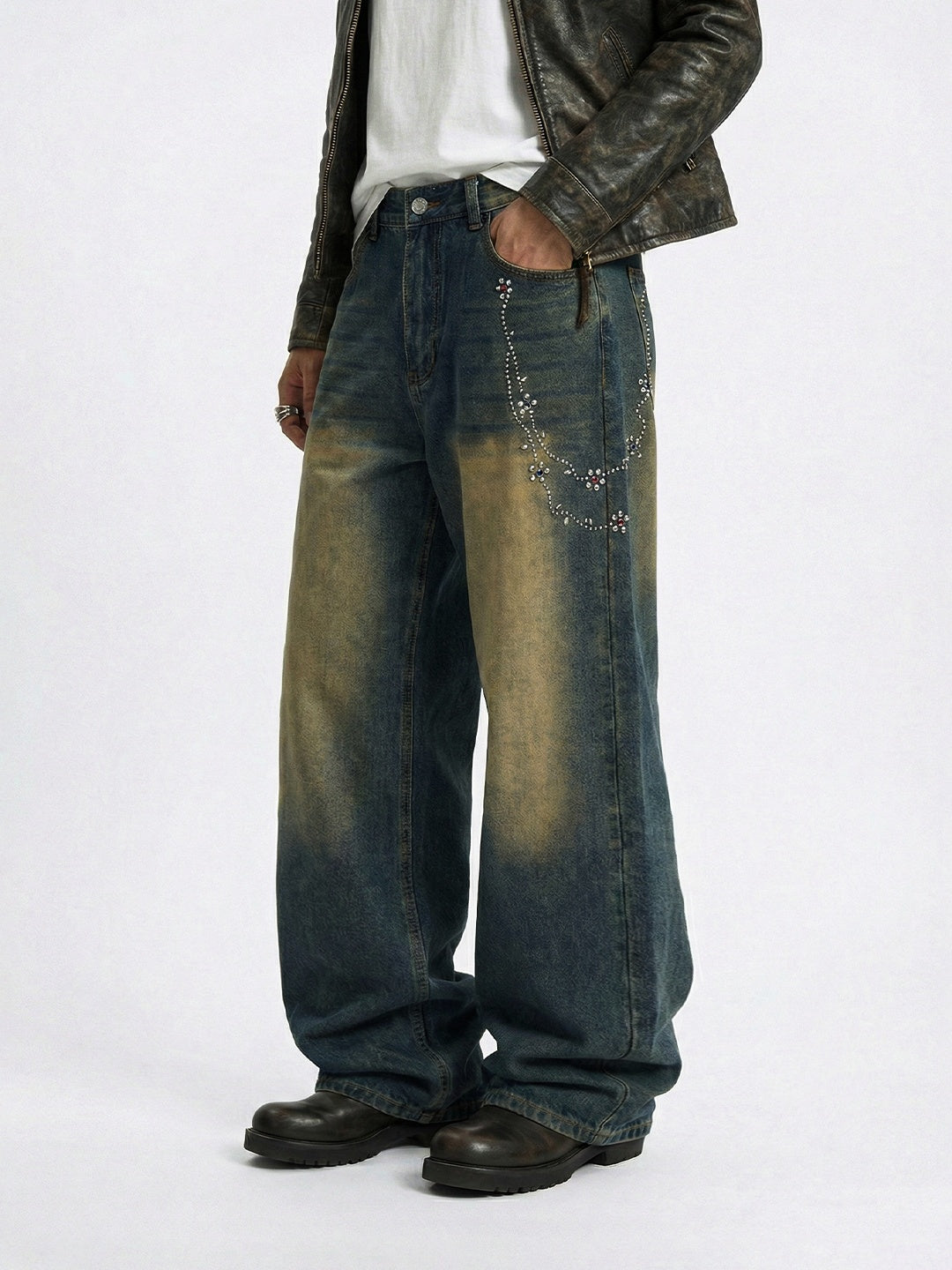 Retro Distressed Diamond Chain Jeans