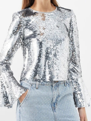 Silberne T-Shirts mit Rundhalsausschnitt, langen Ärmeln und kurzen ausgestellten Ärmeln