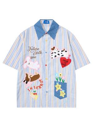 Cartoon Embroidery Vertical Stripe Hip Hop Loose-fit Color-blocked Shirts