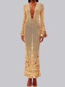 V-neck Waist-cinching Belt Sequins Knitting Maxi Dresses