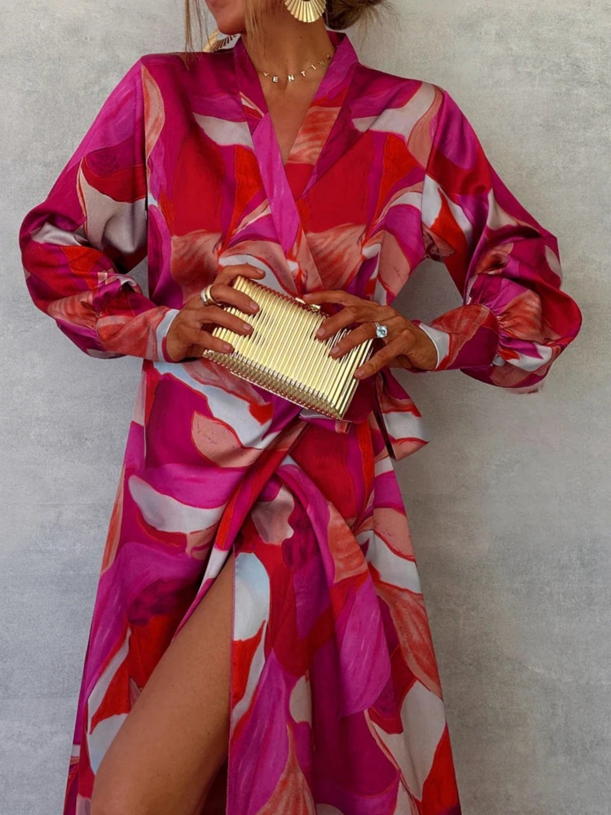 Floral Print V-neck Long Sleeve Lace-up Forks Maxi Dresses